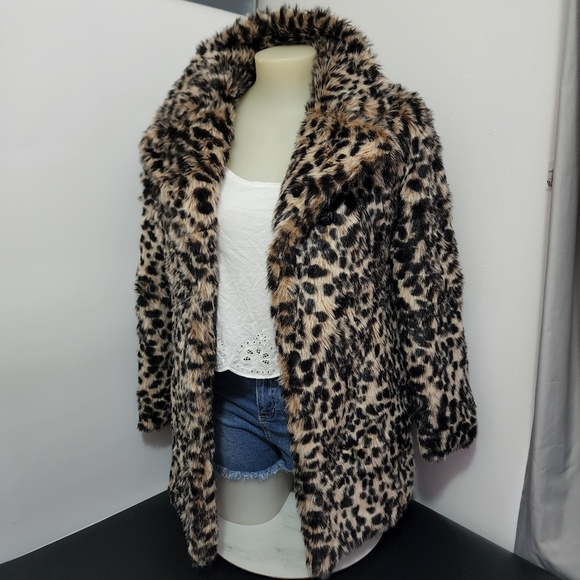 Aus12 Alice & You Faux Fur Leopard Print Collared Coat Jacket - Picture 3 of 16